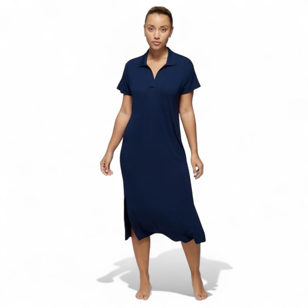 Soma Cool Nights Split Neck Sleep Shirt Navy Blue Small Stretch Midi Loungewear